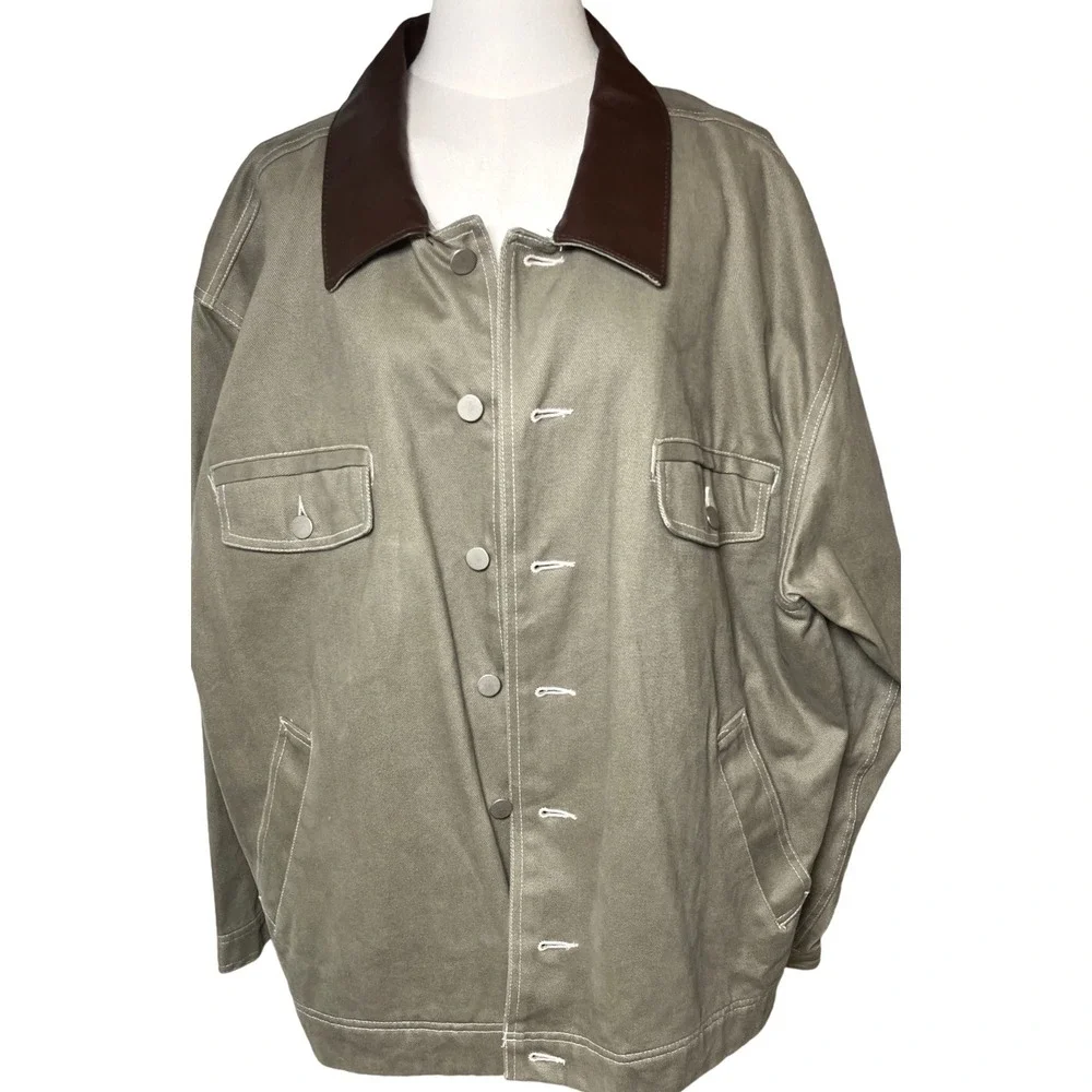 Vintage Barn Chore Jacket Cotton Twill Leather Collar Plaid Lined Moon & Sun‎ XL